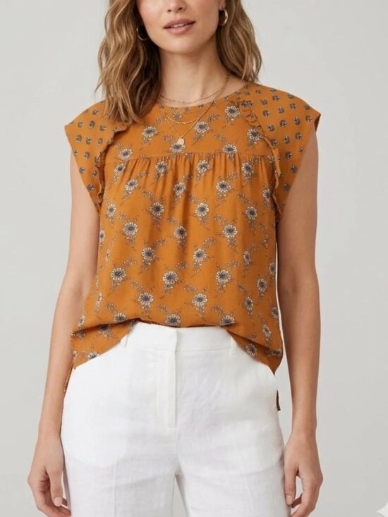 LOFT Tops - LOFT Mustard Floral Cap-Sleeve Blouse Size Large